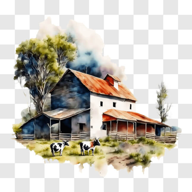 Download Watercolor Painting of Old Farm House with Grazing Cows PNGs ...