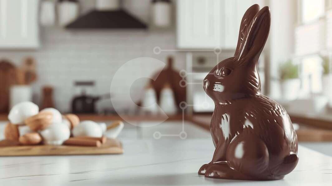 Easter Chocolate Bunny Statue on EggFilled Kitchen Counter stock photo