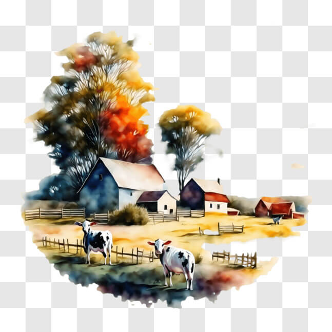 Download Watercolor Painting of Cows Grazing in Idyllic Farm Field PNGs ...
