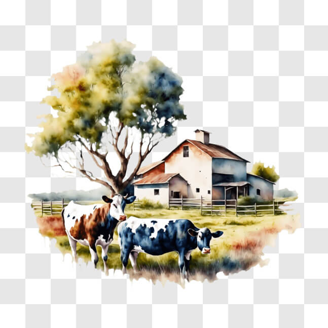 Download Two Cows Grazing in Front of Farm House and Tree PNGs Online ...