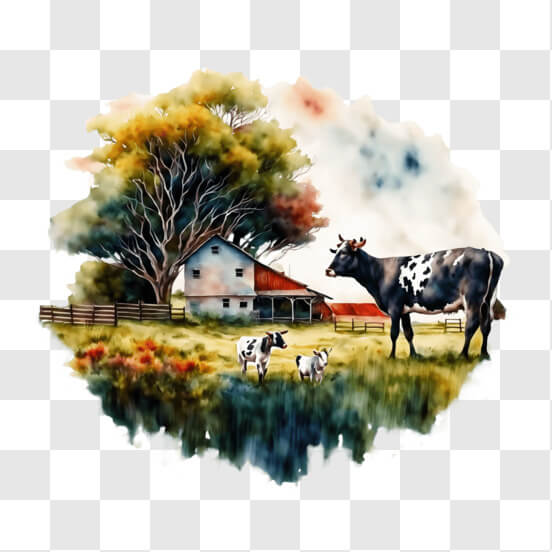 Download Watercolor Painting of Old Farm House with Grazing Cows PNGs ...