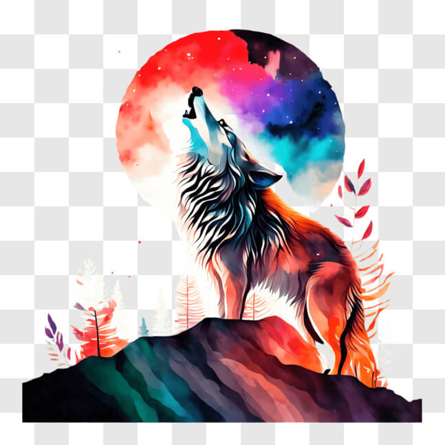 Download Wolf Howling at Full Moon with Colorful Flowers and Trees PNGs ...