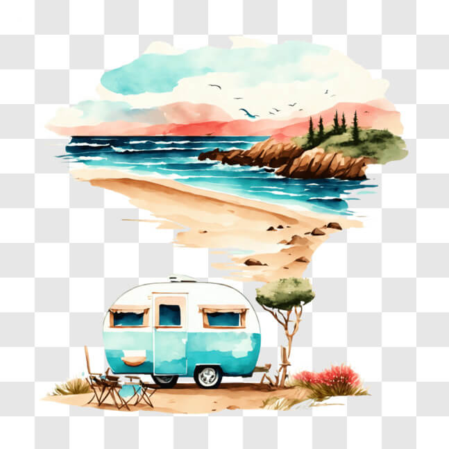 Download Serene Camper Trailer on the Beach PNG Online - Creative Fabrica