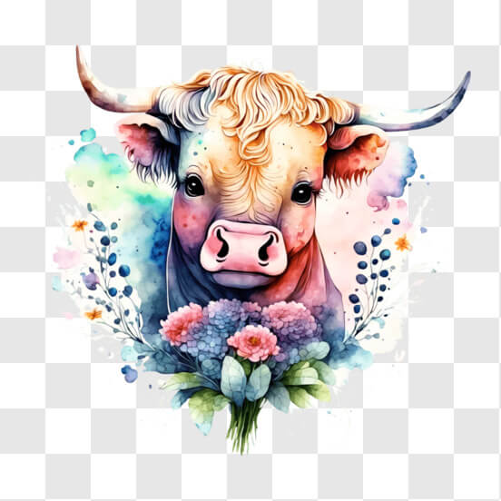 Highland-Kuh mit bunten Blumen im Kopf Hintergründe thumbnail