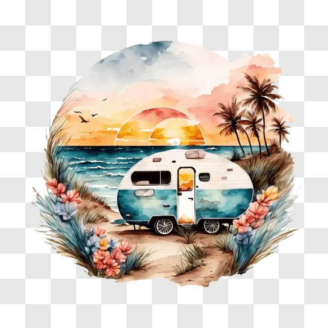 Download Camper Van on the Beach at Sunset with Palm Trees and Flowers ...