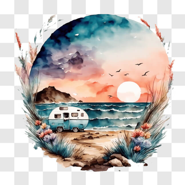 Download Camper Van on Beach at Sunset with Nature Background PNGs ...