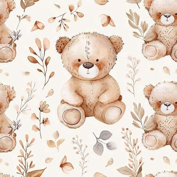 Download Seamless Watercolor Teddy Bear Pattern with Leaves and Flowers ...