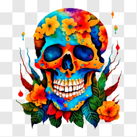 Colorful Skull with Flowers and Leaves