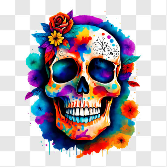 Colorful Skull with Flowers for Dia de los Muertos