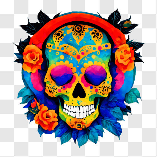 Colorful Sugar Skull with Headphones and Roses for Dia de los Muertos (Day of the Dead)
