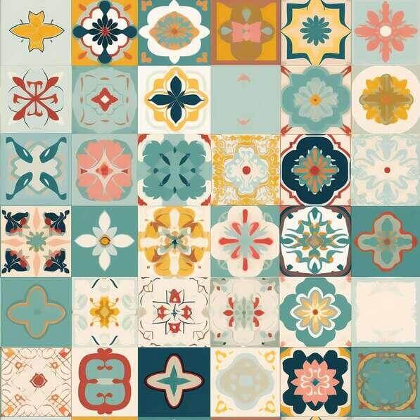 Download Colorful Tiled Pattern with Various Shapes and Floral Designs ...