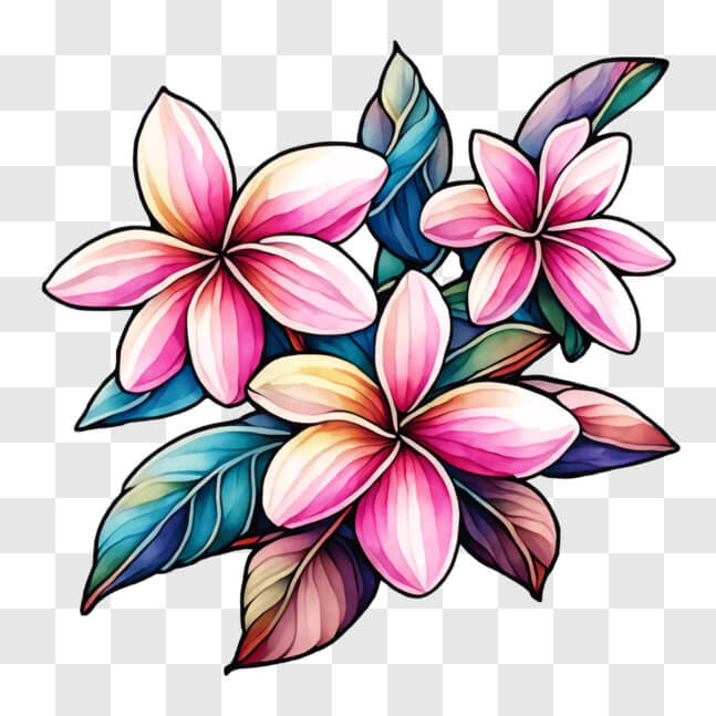 Download Vibrant Plumeria Flowers and Green Leaves Illustration PNG ...