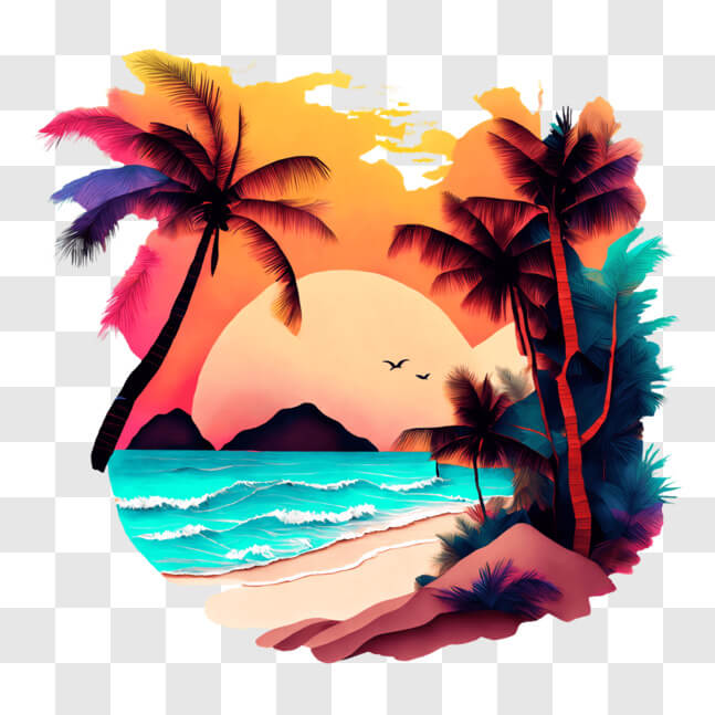Download Tropical Beach Painting with Birds in the Sky PNG Online ...