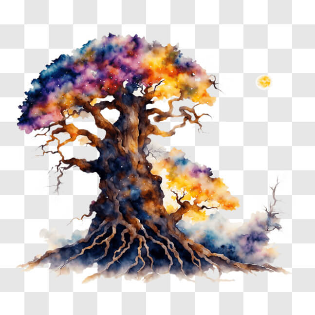 Download Nature and Spirituality: Watercolor Tree with Moon PNG Online ...