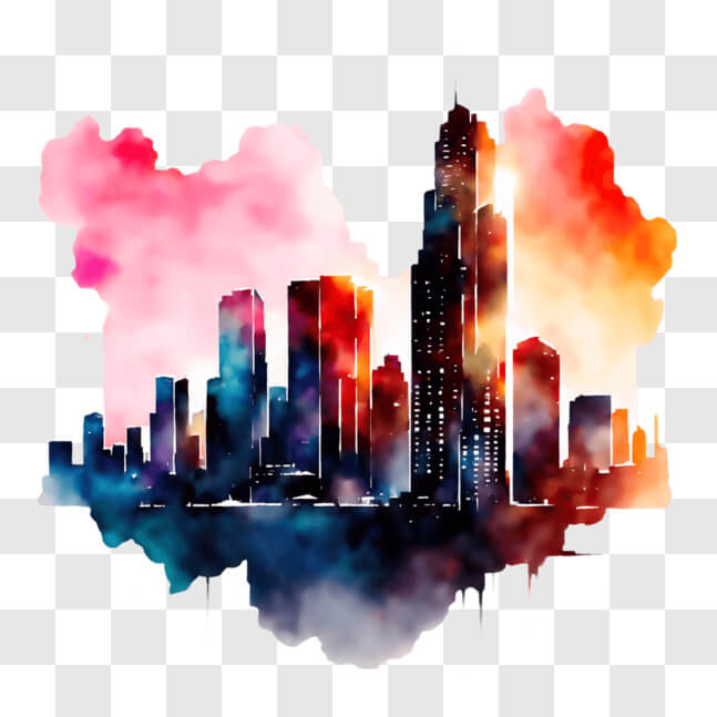 Download Vibrant City Skyline Watercolor Painting PNG Online - Creative ...