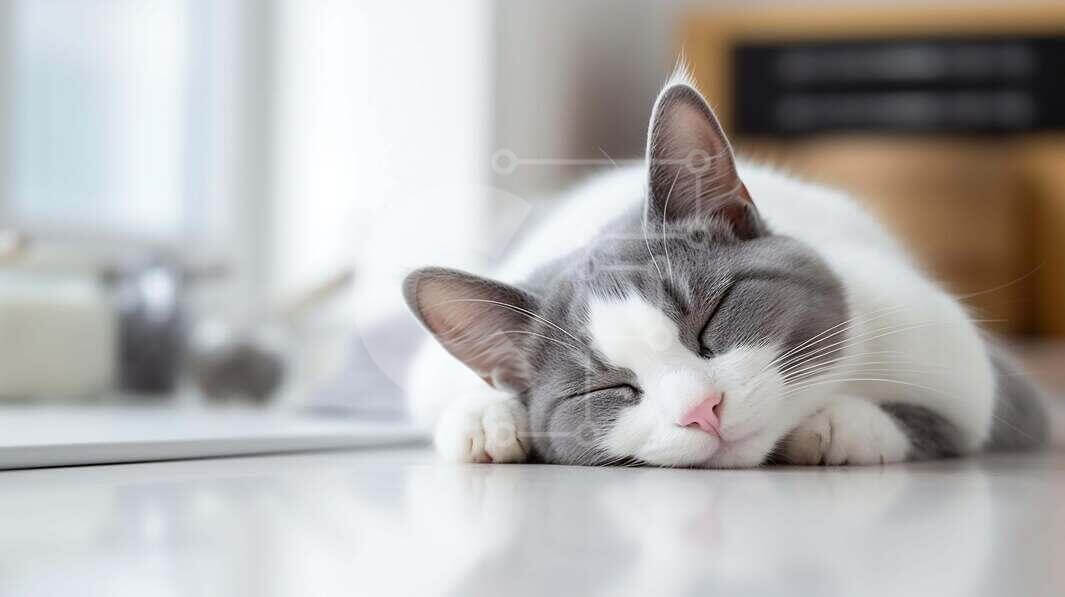 Adorable Gray and White Cat Sleeping with Eyes Open stock photo Creative Fabrica