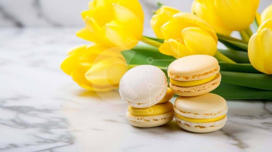 Bright Springtime Composition of Macarons and Tulips stock photo ...