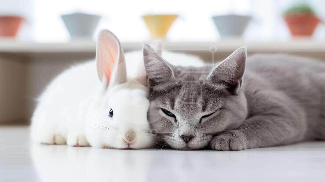 Adorable Gray Cat and White Rabbit Snuggled Up Together stock photo ...