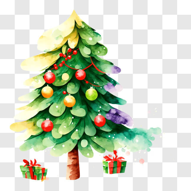 Download Festive Watercolor Christmas Tree and Presents PNG Online ...
