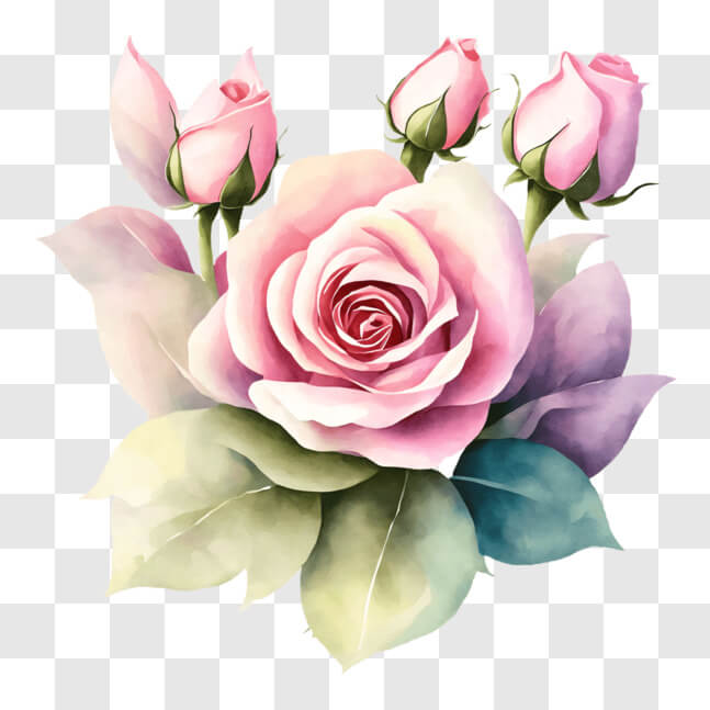 Download Watercolor Painting of Pink Roses with Green Leaves PNGs ...