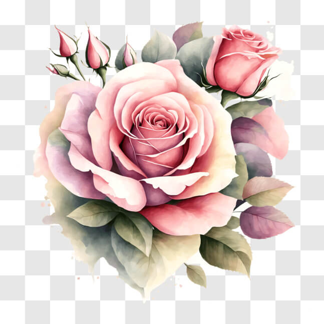 Download Watercolor Painting of Two Pink Roses with Green Leaves PNGs ...