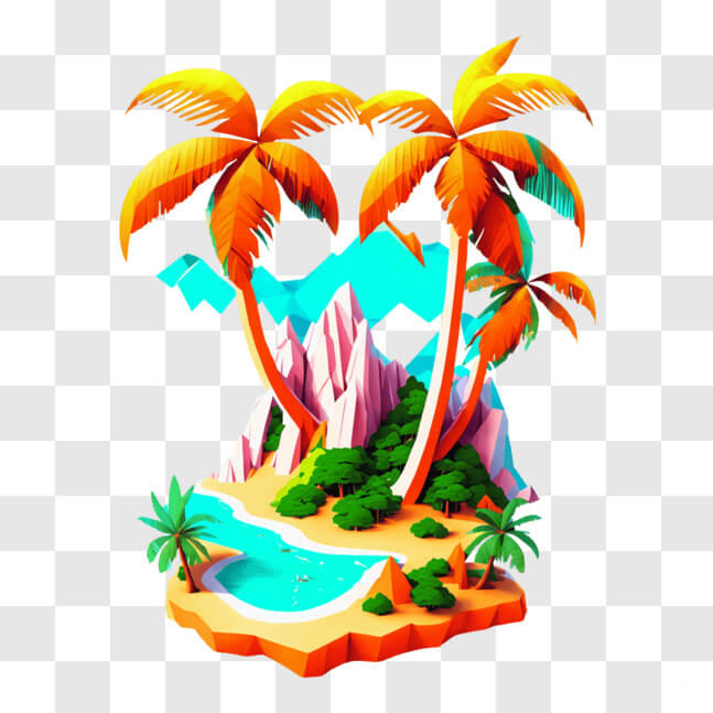 Download Tropical Island with Palm Trees, Lake, and Mountain PNGs ...