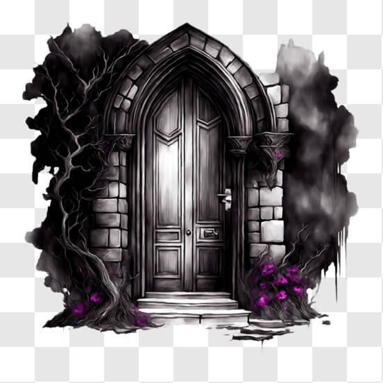 Download Gothic Style Door Drawing with Purple Flowers PNGs Online ...