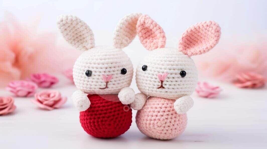 Adorable Crocheted Bunnies with Valentine's Day Flowers stock photo ...