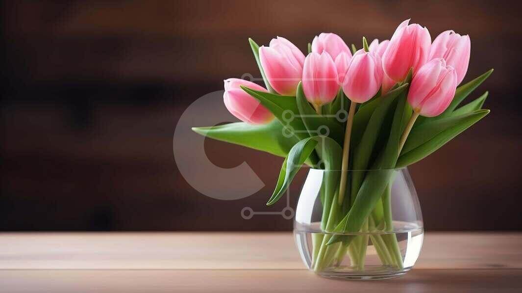 Fresh Pink Tulips in Clear Glass Vase stock photo | Creative Fabrica