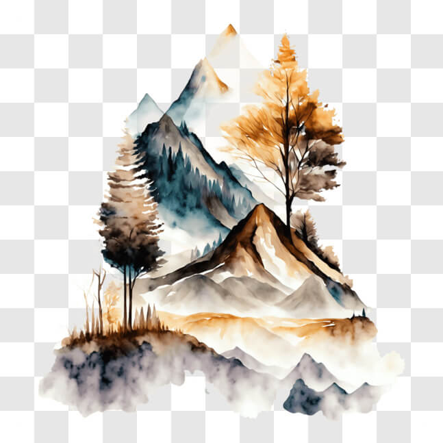 Download Scenic Watercolor Painting of Mountains and Trees PNG Online ...