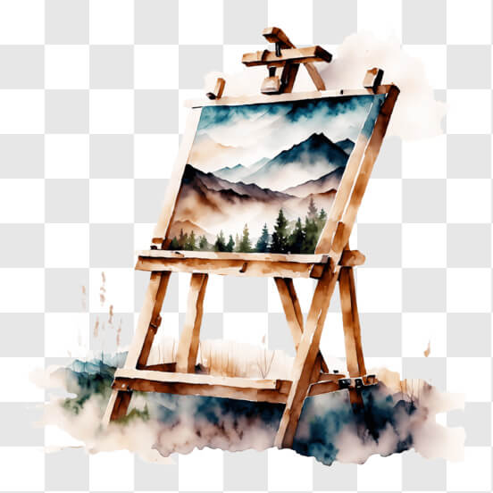 Download Scenic Watercolor Painting on Easel with Mountain and Tree