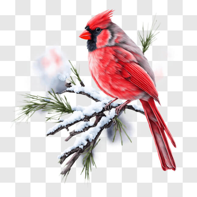 Download Red Cardinal on Snow-Covered Evergreen Tree Branch PNGs Online ...