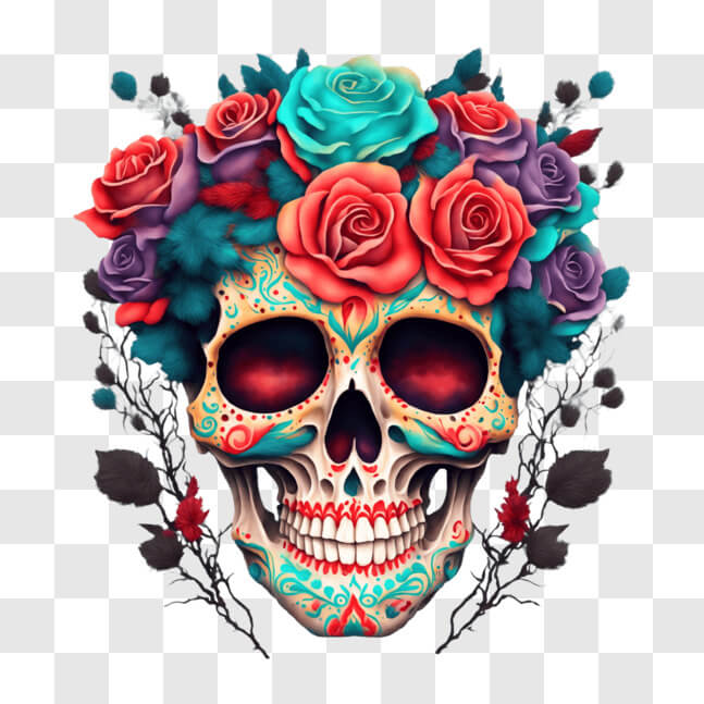 Download Sugar Skull with Colorful Roses for Dia de los Muertos PNGs ...