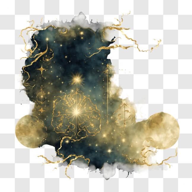 Download Spiritual Black and Gold Artwork with Celestial Symbols PNG