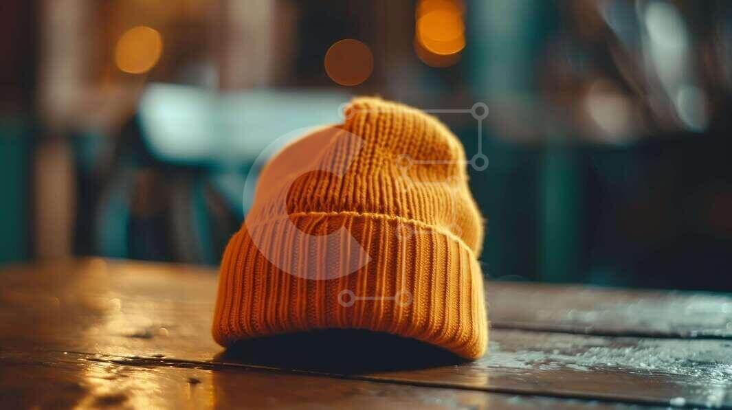 Vintage Yellow Knitted Beanie on Rustic Wooden Table stock photo ...