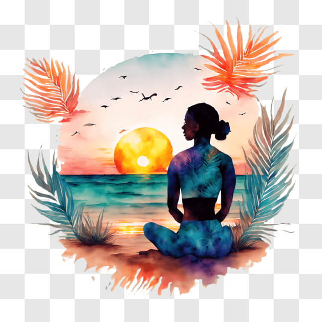 Download Woman in Yoga Pose on Beach at Sunset with Palm Trees and ...