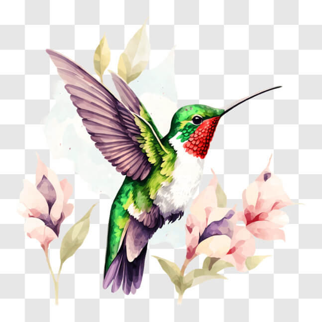 Download Vibrant Hummingbird in Flight Among Pink Flowers PNG Online ...