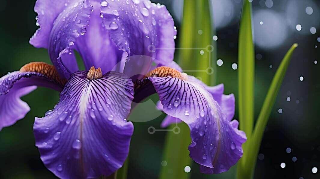 Beautiful Purple Iris Flower in the Rain stock photo Creative Fabrica