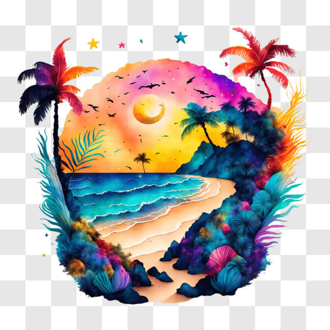Download Beautiful Beach Sunset with Palm Trees PNG Online - Creative ...
