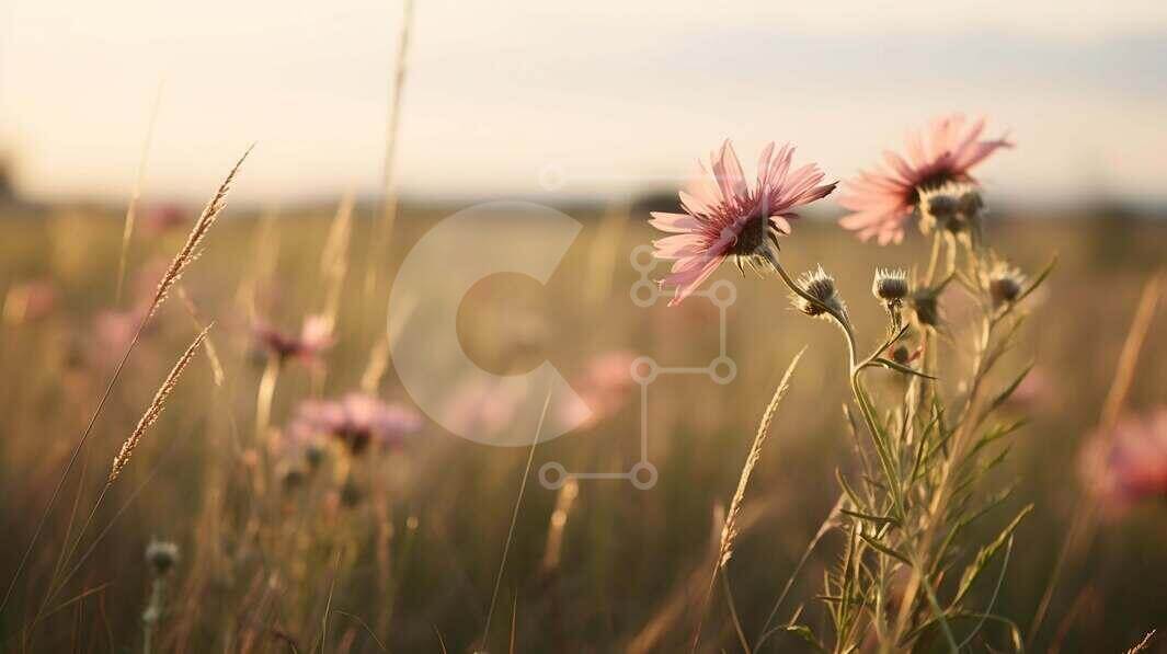 Blooming Pink Flowers in a Field of Tall Grasses stock photo | Creative ...