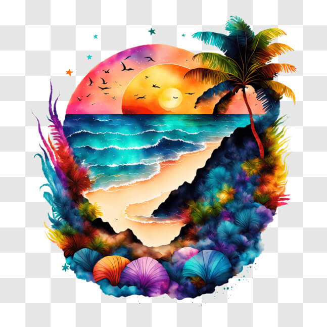 Download Vibrant Beach Scene with Palm Trees and Sunset PNG Online ...