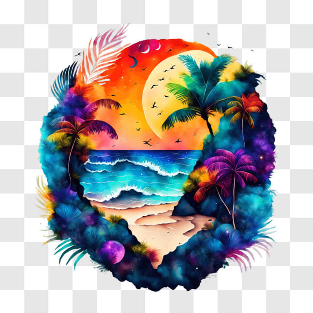 Download Vibrant Tropical Painting with Palm Trees and Ocean PNG Online ...