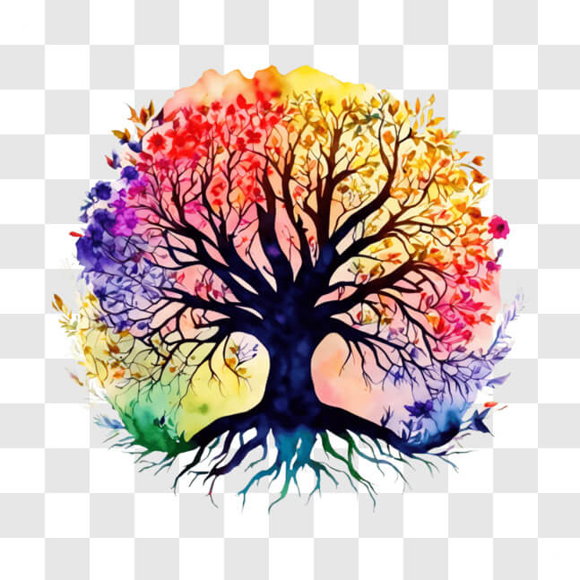 Download Colorful Tree of Life with Roots and Flowers PNGs Online ...