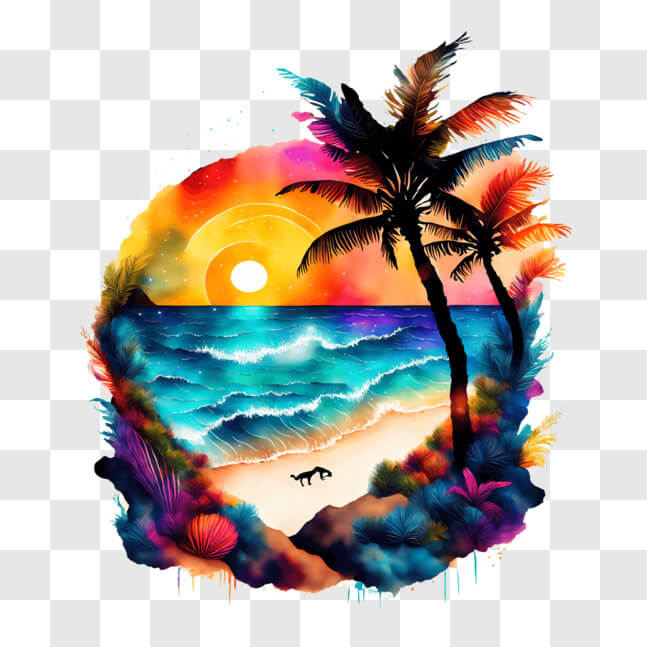 Download Vibrant Beach Painting with Palm Trees and Sunset PNG Online ...