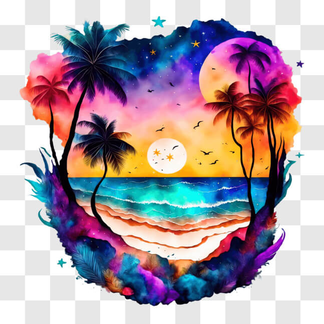 Download Vibrant Beach Sunset Painting for Digital Decoration PNG ...