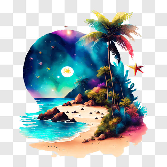 Download Idyllic Tropical Beach Painting with Moon and Stars PNG Online ...