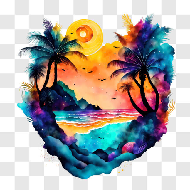Download Vibrant Ocean Watercolor Painting with Palm Trees PNG Online ...