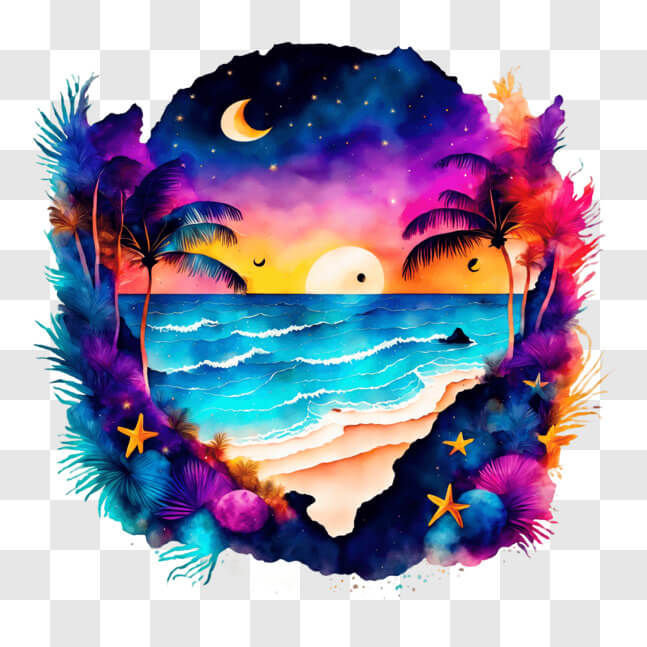 Download Vibrant Beach Sunset Artwork PNG Online - Creative Fabrica