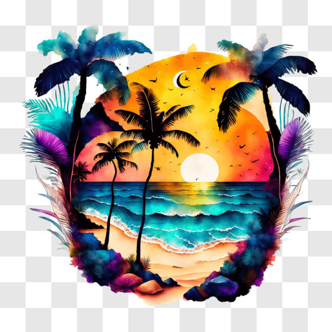 Download Spectacular Tropical Beach Sunset Painting PNG Online ...