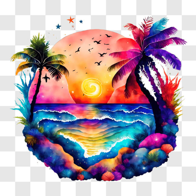 Download Vibrant Ocean Painting with Palm Trees and Birds PNG Online ...